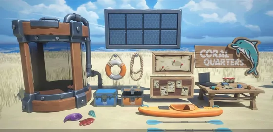 The Coral Quarters prop set laid out on a beach: a wooden frame, solar panel, life ring, rope, noticeboards, crates, a kayak with paddles and the painted dolphin sign