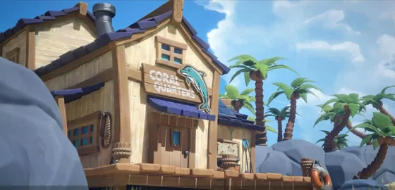 Coral Quarters: a stylised wooden beach shack on stilts with a purple shingle roof and a painted dolphin sign, palm trees and rocks behind it