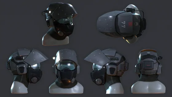 Six views of a dark sci-fi helmet on a mannequin bust: a bulbous tinted visor under angular armour plating, a ribbed respirator over the mouth, and a headlamp and comms unit mounted at the temple