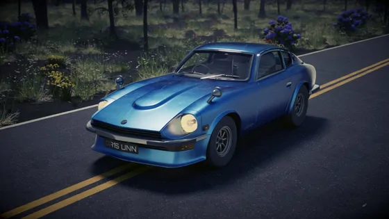 A metallic blue 1973 Datsun 240Z parked across the double yellow lines of a wooded road, its chrome bumper and bonnet scoop catching the light
