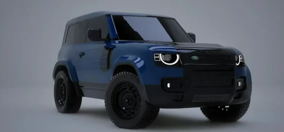 A blue off-road vehicle, rendered as a clean studio shot on a plain grey backdrop