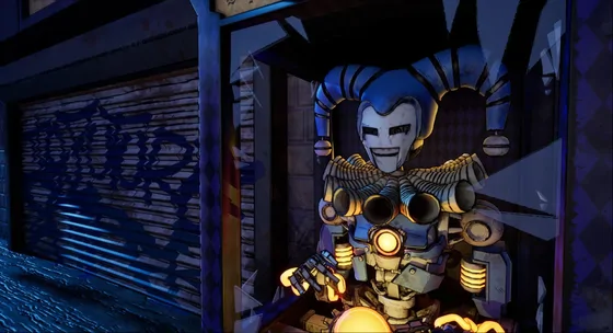 Grimgrin the Ha-Bringer, a grinning cel-shaded jester automaton in a blue and gold harlequin hat, lit by a glowing crystal ball inside a shuttered fortune teller's booth at night