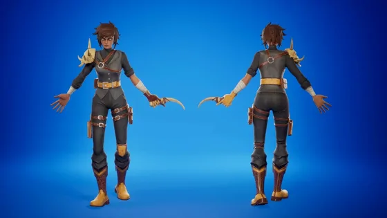 Front and back views of a stylised wasteland hunter: short brown hair, a dark waistcoat and trousers with buckled leather straps, a bone claw in one hand and a horned basilisk skull on her shoulder