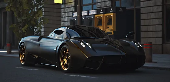 A black Pagani Huayra with gold alloy wheels and a thin gold pinstripe, parked on a city street at dusk outside a bank, its headlights lit