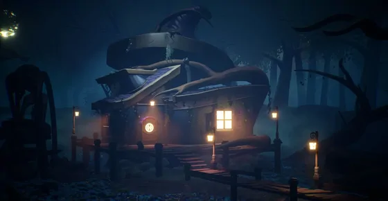 A witch's hut built like a giant cauldron, topped with a slumping witch's hat roof and wrapped in pale tree roots. It stands on a wooden jetty lined with lit lanterns, its round door and window glowing warm against dark blue forest mist