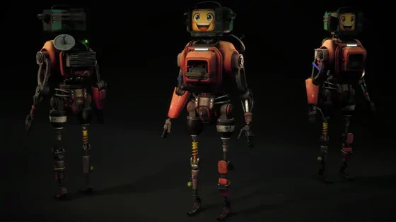 A friendly orange robot character shown from three angles, with a cartoon face on a boxy television head and slim jointed legs