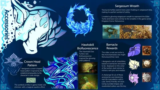 Accessory design board: a glowing sargassum wreath, a crown-shaped head pattern, biofluorescent shell markings and a set of barnacle and pearl collectibles, each beside the sea turtle photo reference behind it