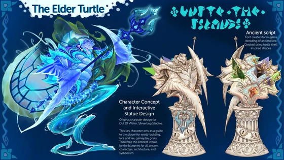 Concept board for the Elder Turtle: an ethereal blue spirit turtle holding a glowing trident, beside two views of the statue it becomes, with notes on its role as the player's guide and an invented ancient script