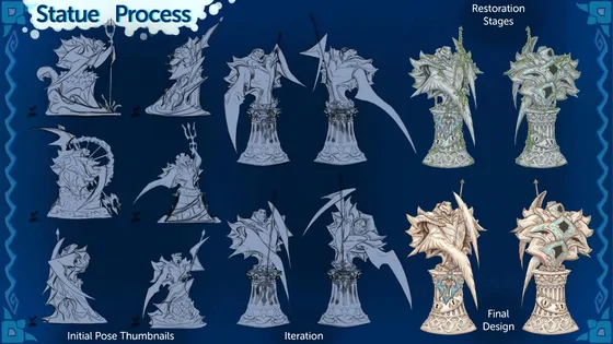 Design process board for the Elder Turtle statue: rough pose thumbnails, refined iterations, and the final design shown in mossy, cracked and restored states