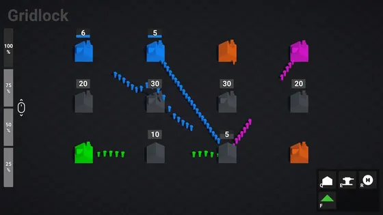 In-game shot of Gridlock, a minimalist RTS where coloured houses send streams of units across the map