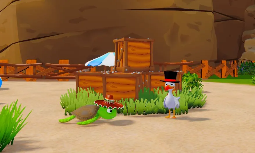 Koopa wearing a sombrero and Kiko wearing a black top hat, standing in the grass by some crates.
