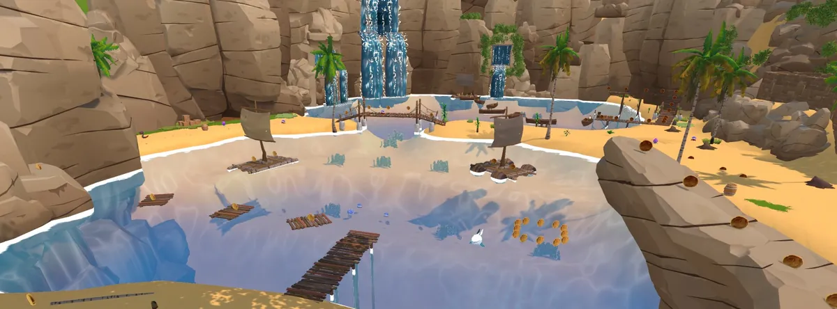 A lagoon at the foot of three waterfalls, with rafts, a wooden pier and a ring of sand dollars floating on the water, ringed by sand and cliffs.
