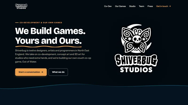 The home page of the first Shiverbug Studios website: a dark page with the headline We Build Games, Yours and Ours, beside the white moth logo.
