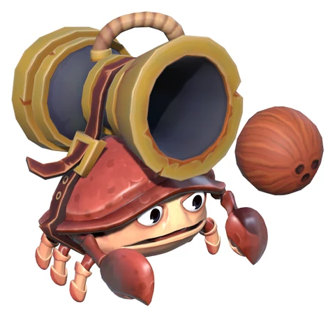 The cannon crab, with a cannon strapped to its back and a coconut for a cannonball.