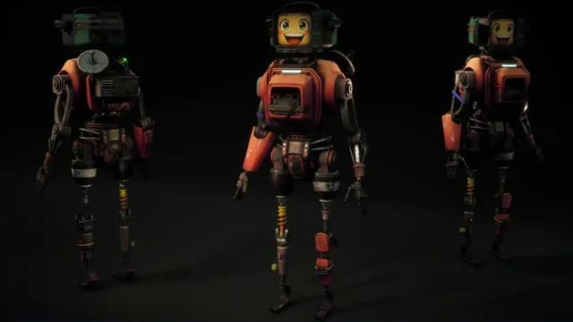 A friendly orange robot shown from three angles, with a cartoon face on a boxy screen head and thin jointed legs.