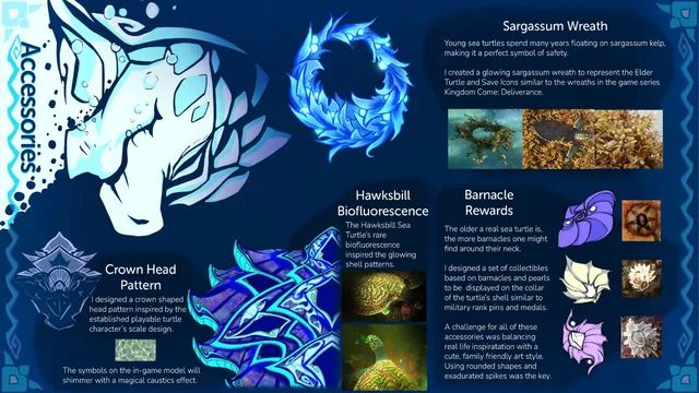 A design sheet of a glowing sargassum wreath, a crown-shaped head pattern, fluorescent shell markings and barnacle and pearl collectables, each beside its sea turtle photo reference.