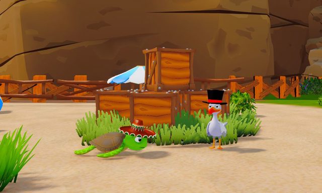 Out of Water screenshot: the turtle in a sombrero and the seagull in a top hat