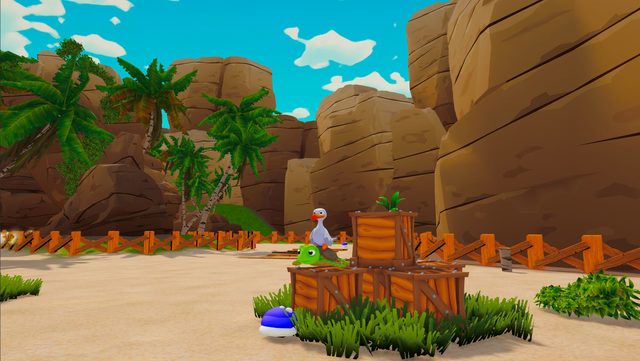 Out of Water screenshot: the turtle and the seagull exploring a sunny beach cove